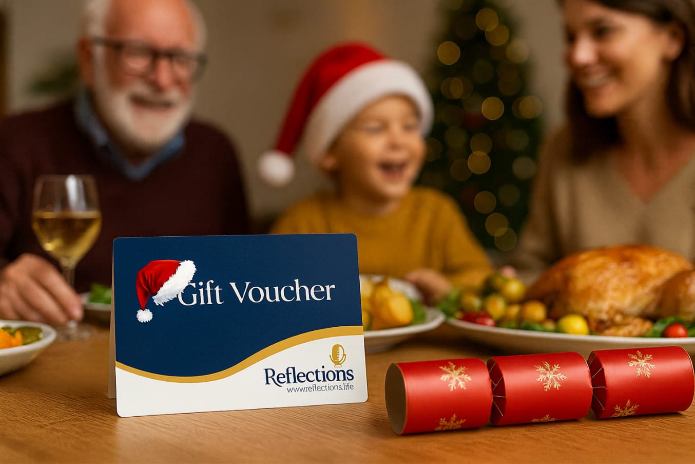 A Reflections Christmas gift voucher on a festive family dinner table